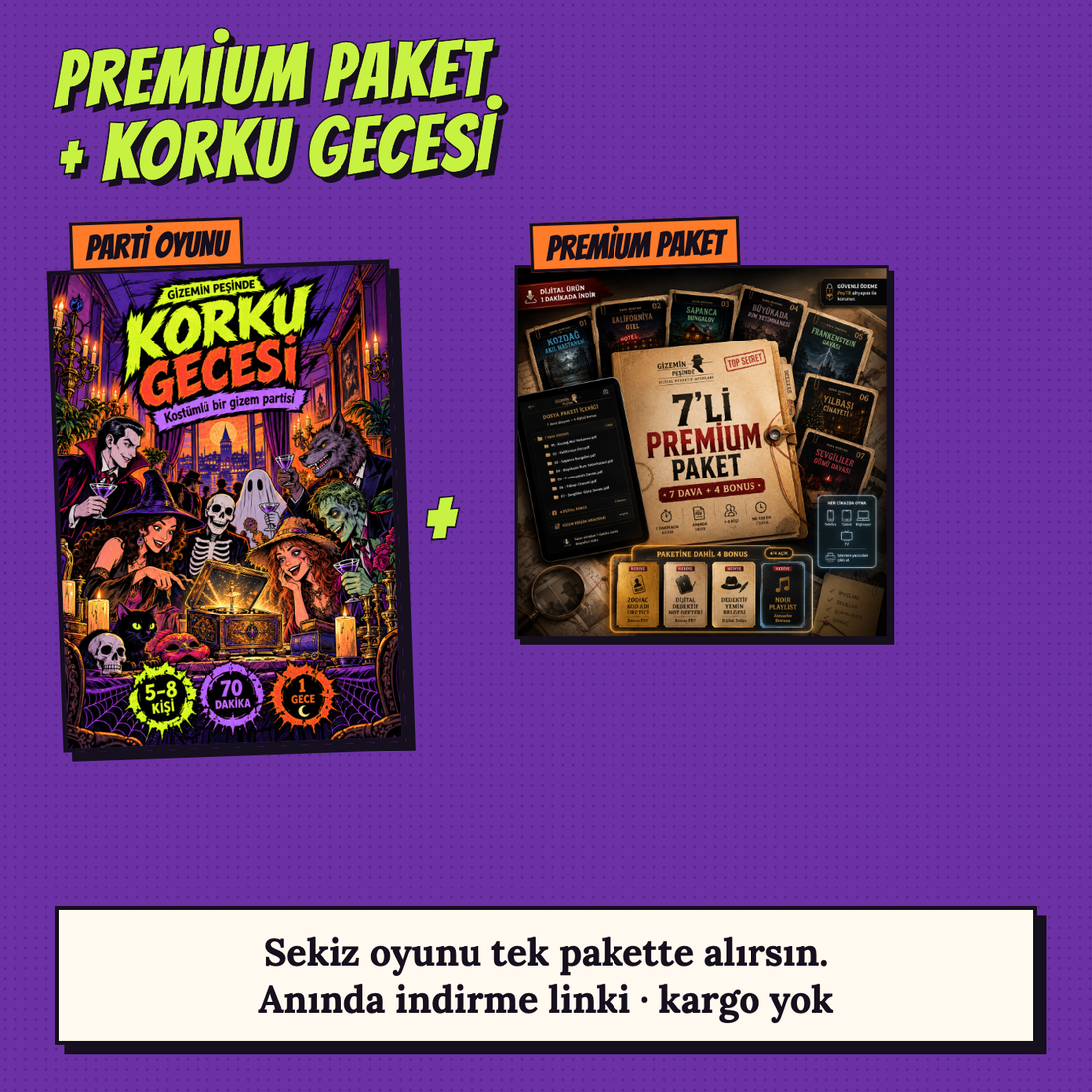 Korku Gecesi kapağı ve Premium Paket'in yedi dedektif oyununun kapakları